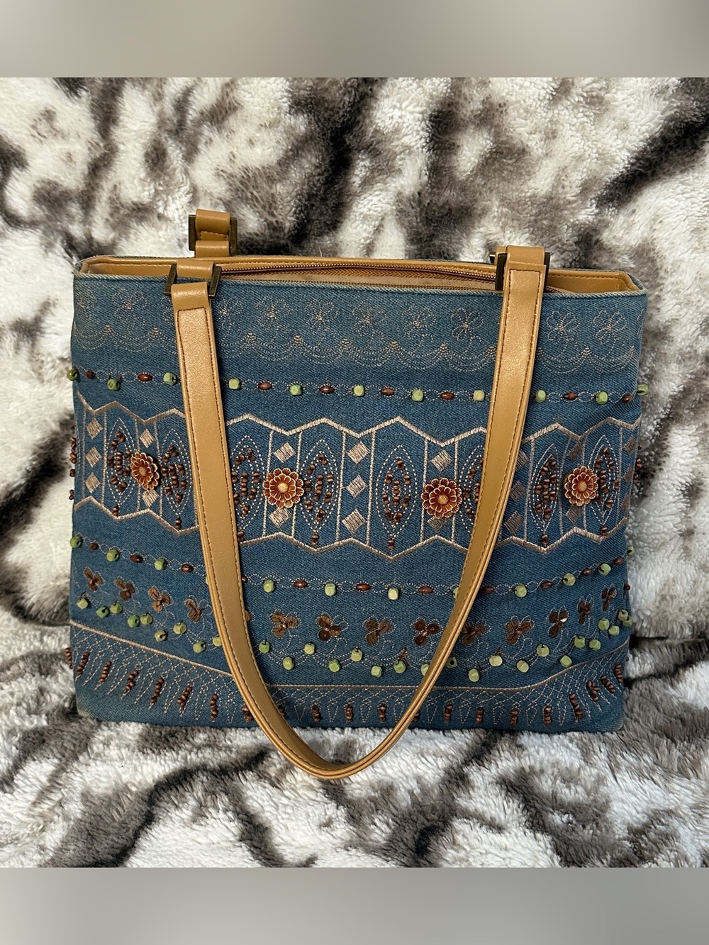 VINTAGE medium beaded embroidered denim faux leather shoulder bag